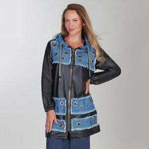 F-134 Polyurethane & Denim and Gold Patch Jacket by TRICOTTO